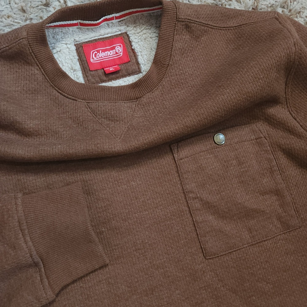 Coleman Sweatshirt Mens XL Brown Waffle Knit Sherpa Lined Crewneck Pocket